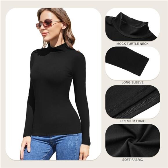 5 Pack Womens Long Sleeve Tops Mock Turtleneck Basic T Shirt Fall Stretch Tight - Picture 3 of 6